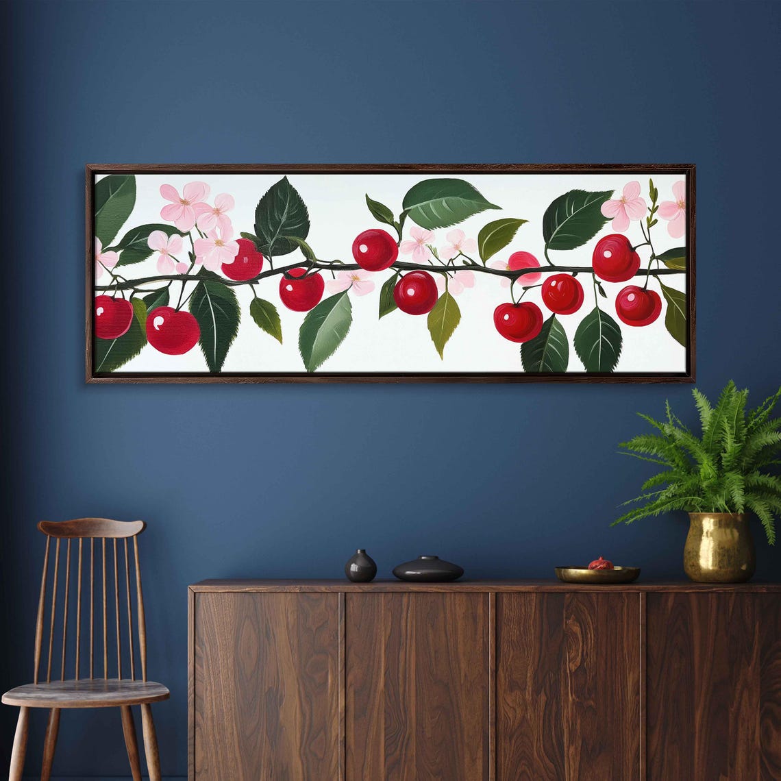 Red Cherries Pink Blossoms Branch Wide Panoramic Botanical Art Poster