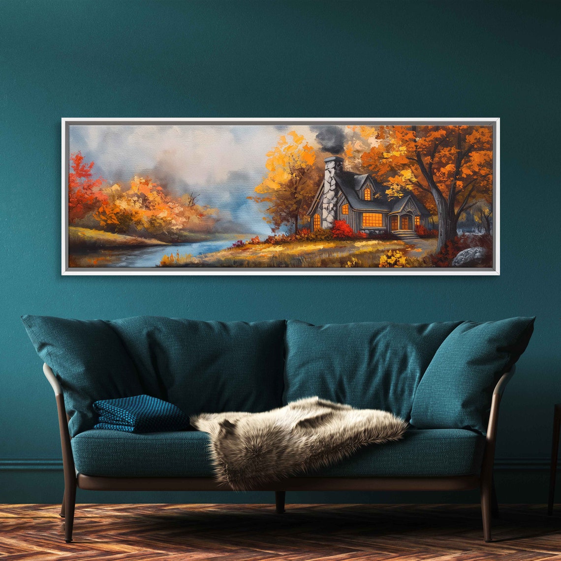 Stone Cottage By Misty Lake At Dusk With Lit Windows Fall Scene Poster - Image 3