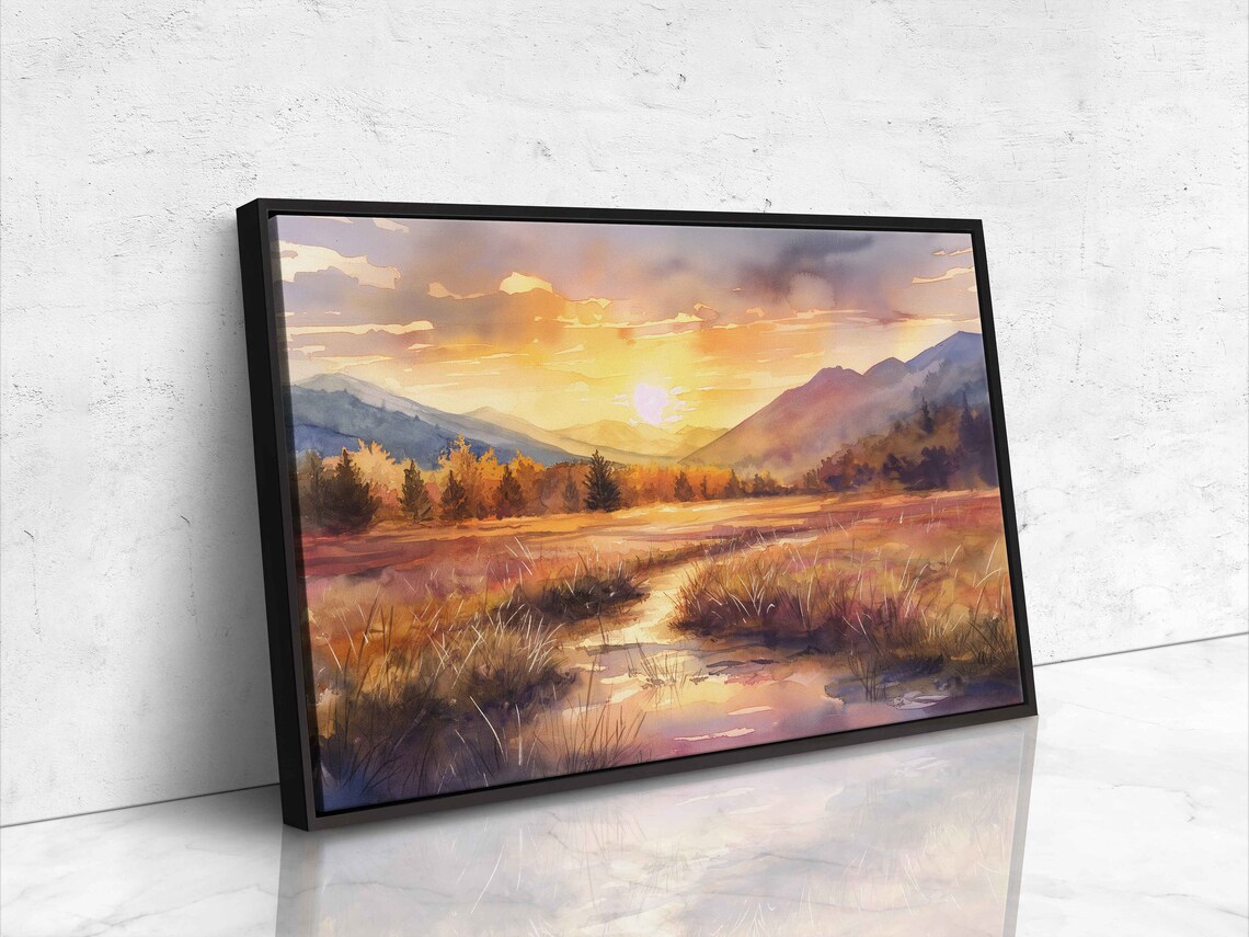 Sunset Over Autumn Meadow With Winding Creek Watercolor Poster - Image 4