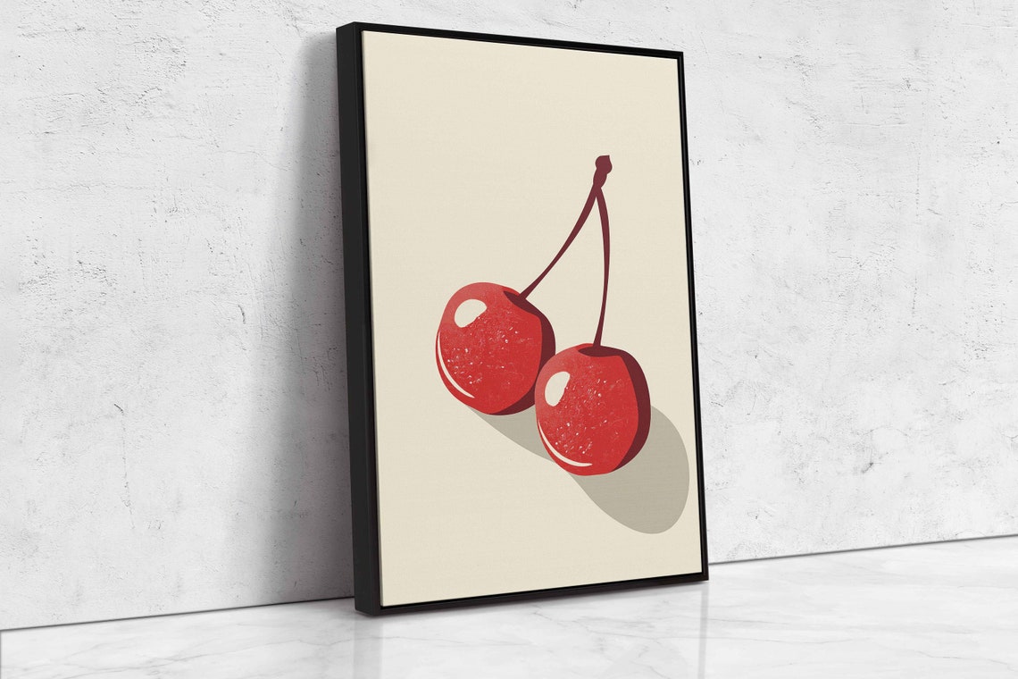 Pair Red Cherries Retro Fruit Art Cream Background Kitchen Wall Poster - Image 4