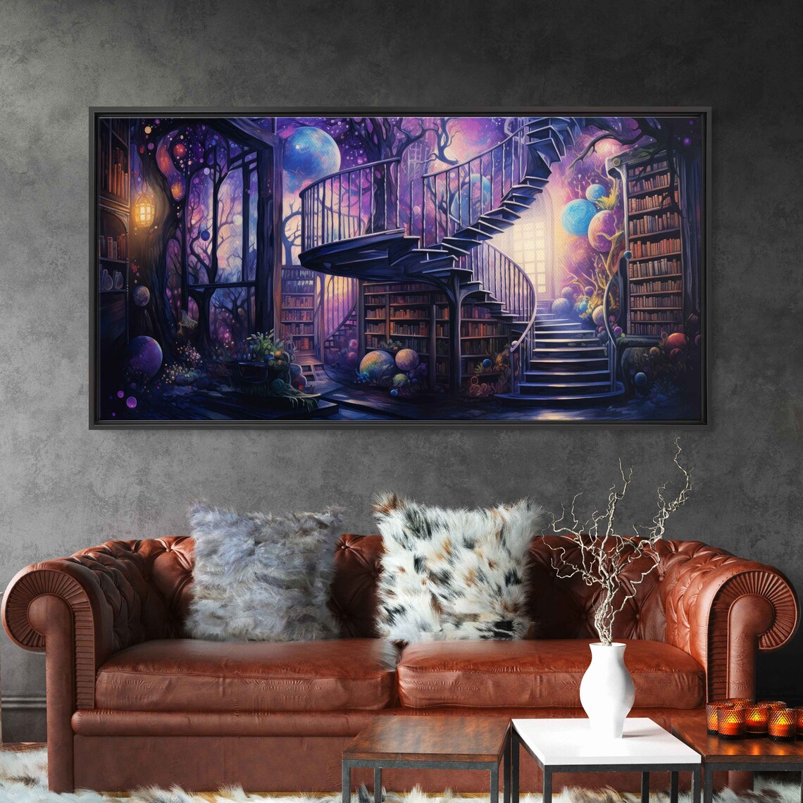 Spiral Staircase Cosmic Library Purple Night Sky Fantasy Book Room Poster