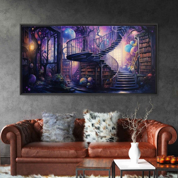 Magical Enchanted Library Winding Staircase Tree Of Knowledge Fantasy Art Wall Art Print Ready To Hang Reading Nook