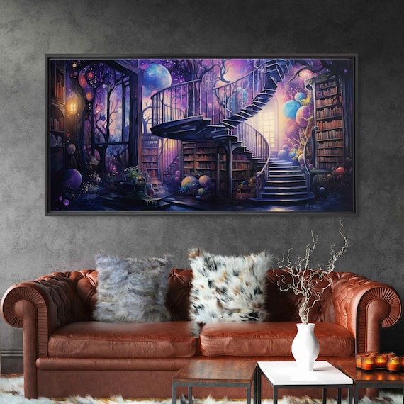 Spiral Staircase Cosmic Library Purple Night Sky Fantasy Book Room Poster