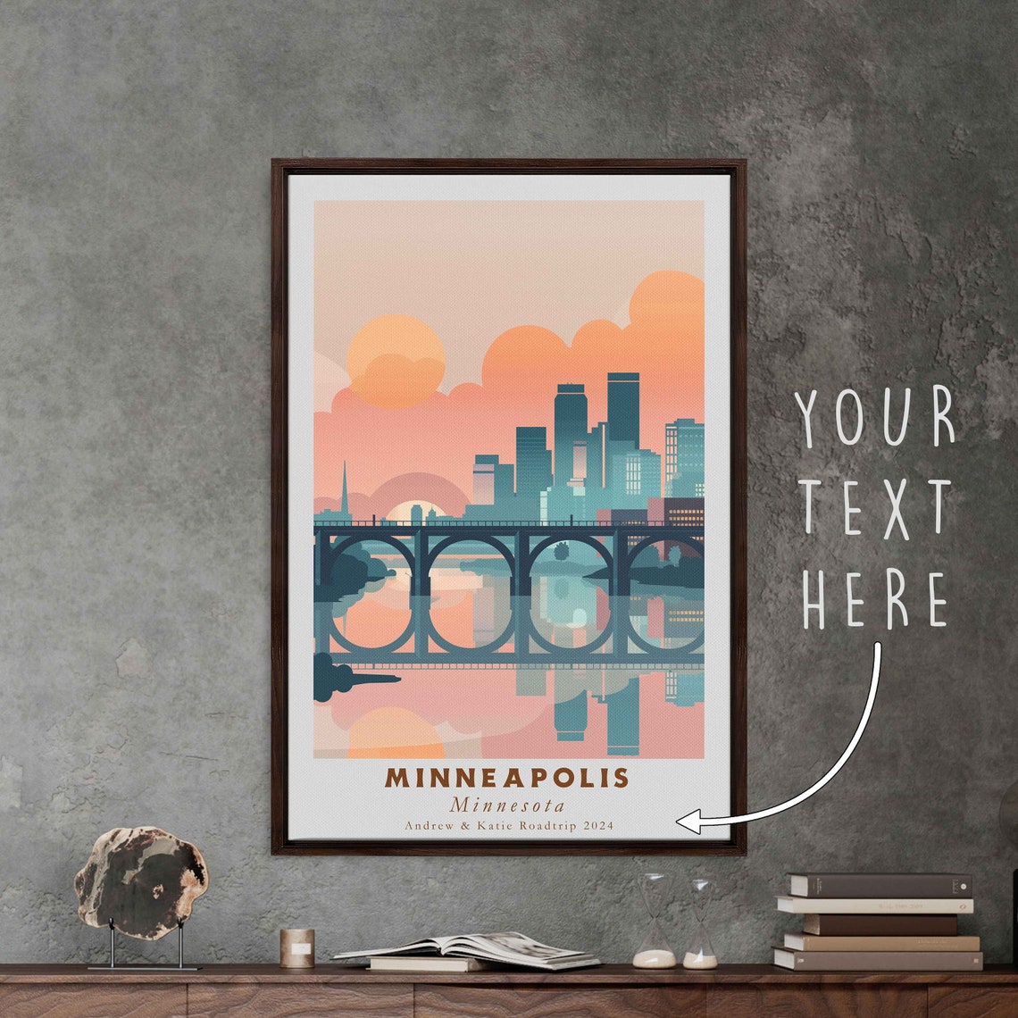Minneapolis Minnesota Bridge Skyline Reflection Pink Sunset Poster - Image 3