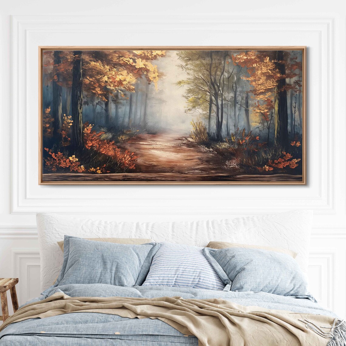 Serene Wooded Pathway, Fall Leaves Forest Art Print