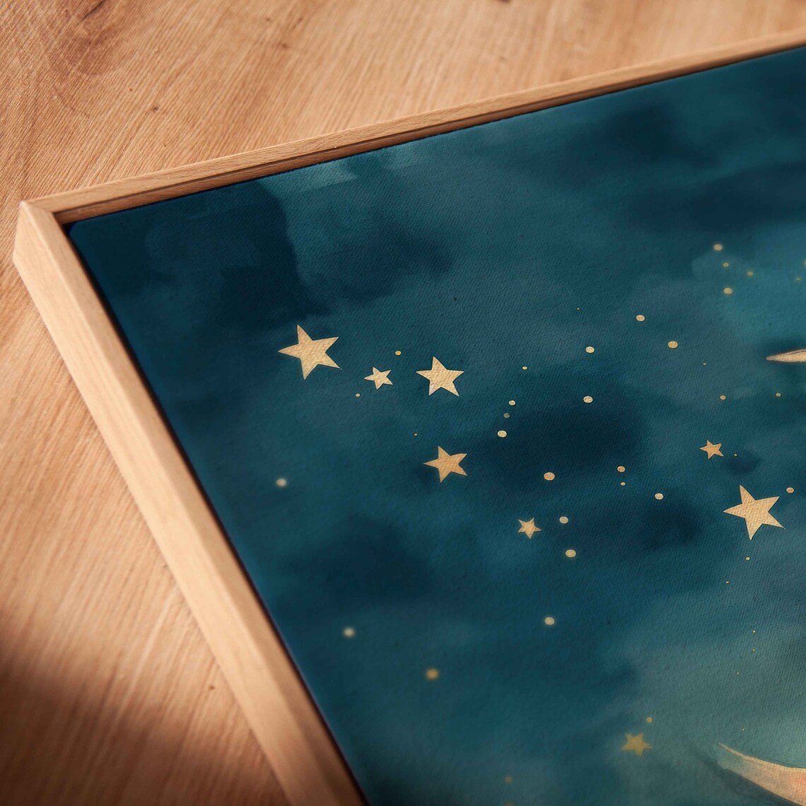 Golden Crescent Moon Starry Night Clouds Dreamy Watercolor Nursery Poster - Image 2