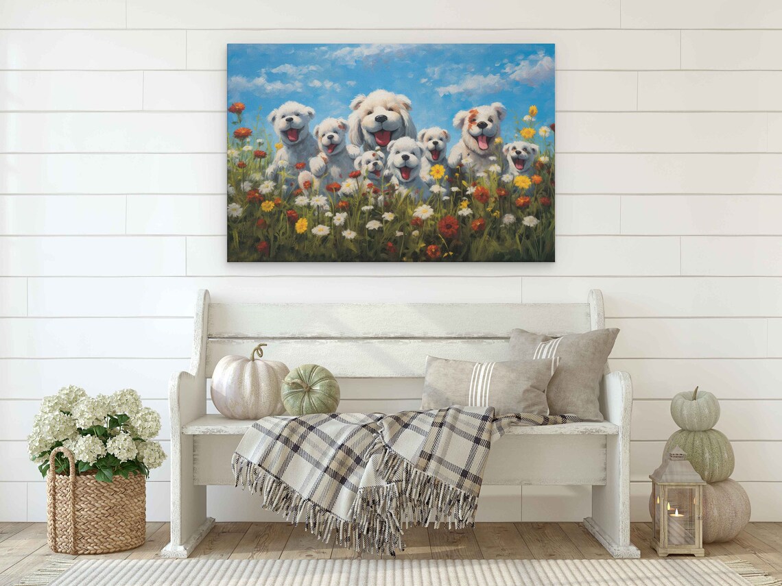 Pack Of Cute Happy Dogs In A Field Of Wildflowers Painting Framed Print Ready To Hang Happy And Uplifting Art - Image 2