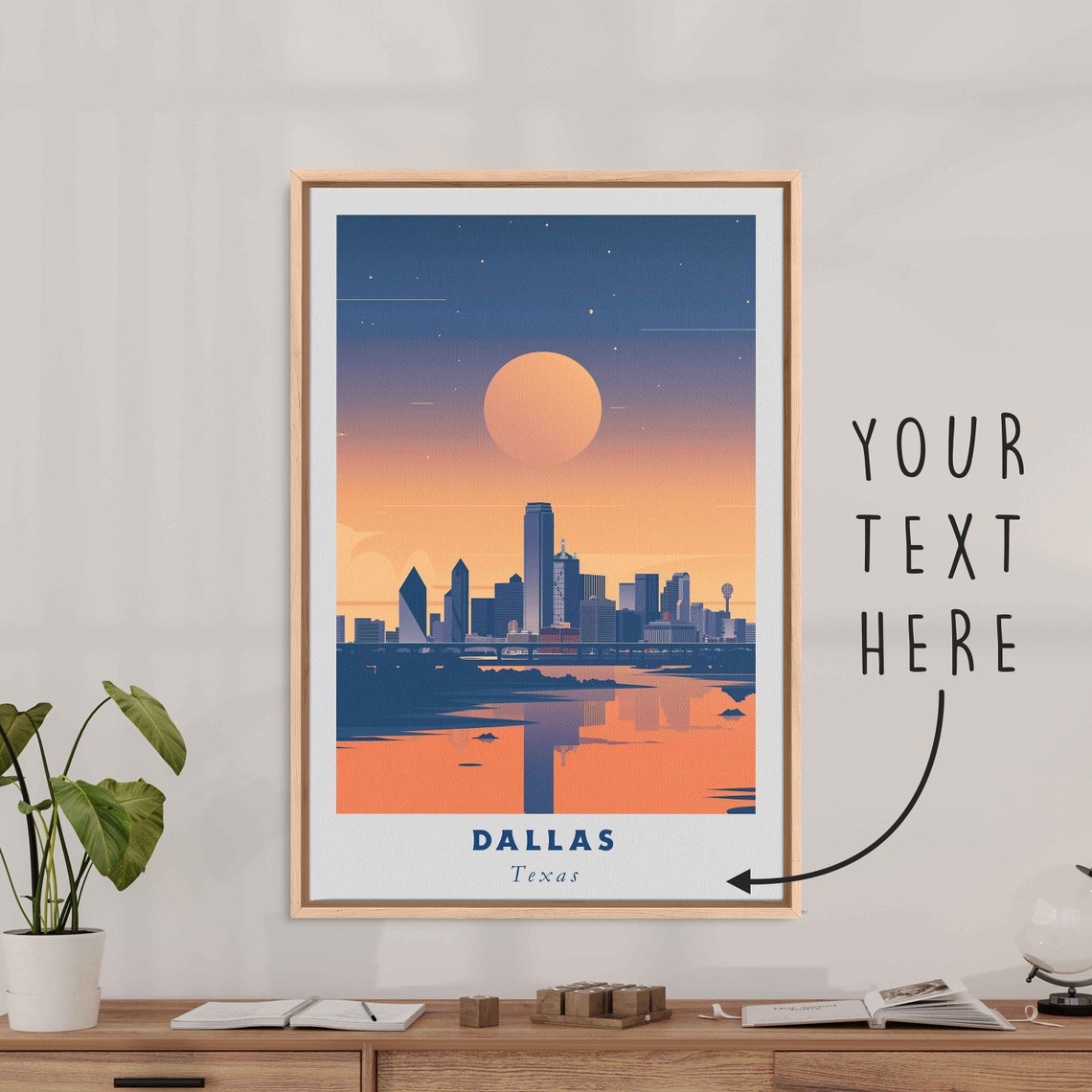 Dallas Texas Skyline Big Sun Sunset Over River Vintage Travel Poster