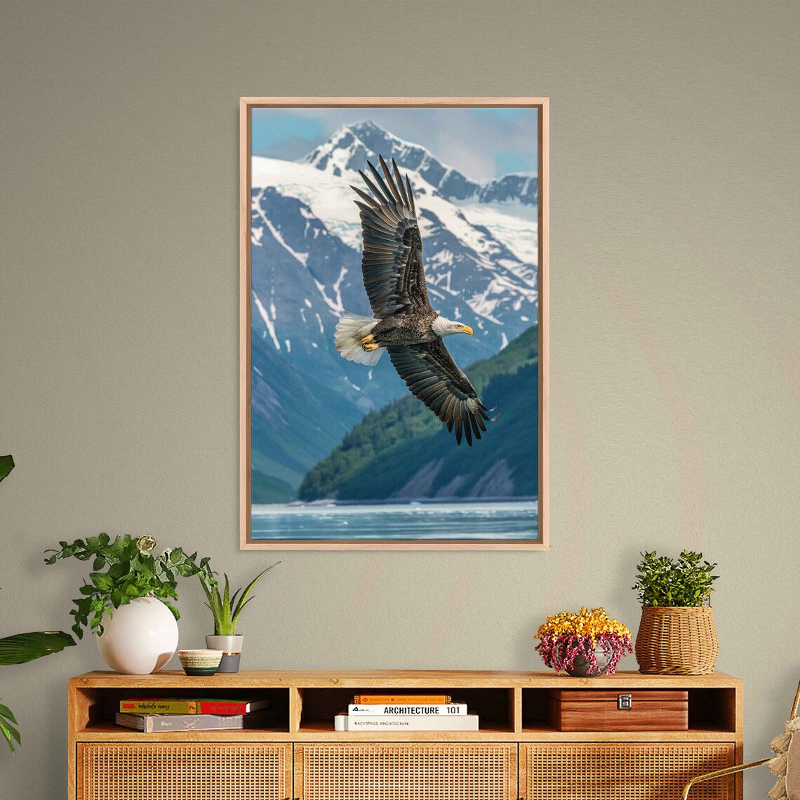 Majestic Bald Eagle Soaring Over Mountain Lake Snowy Peaks Wall Poster - Image 3