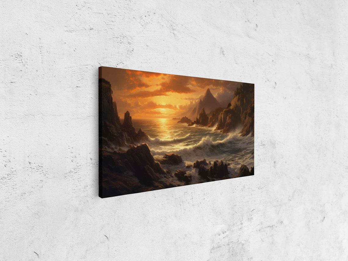 Rocky Coast Sunset Crashing Waves Golden Cliffs Seascape Travel Poster - Image 4
