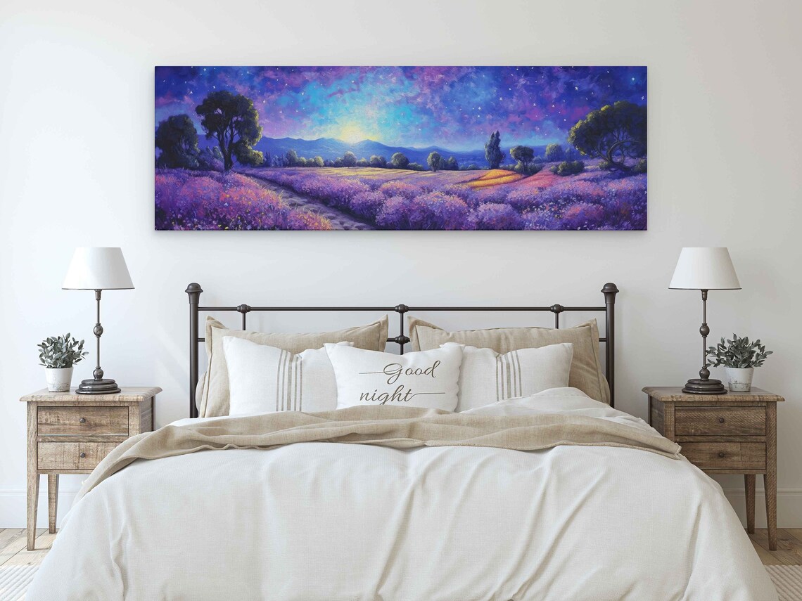 Lavender Field Under Starry Moonlit Night Sky Panoramic Art Print - Image 3