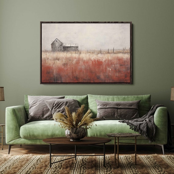 Minimalistic Rustic Farmland Wall Art Print Old Farmhouse Rural Landscape Fields Of Hay Ready To Hang