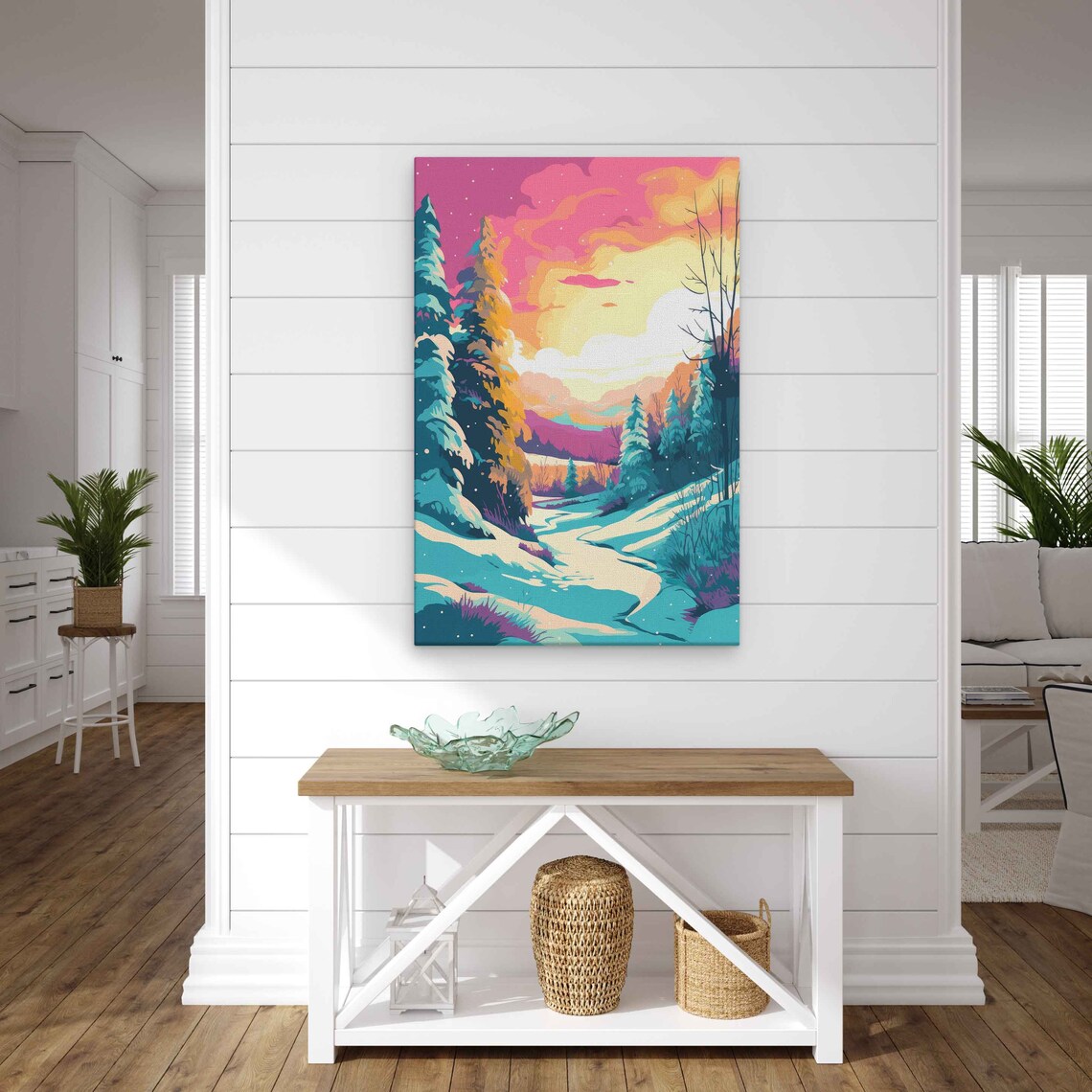 Vibrant Winter Sunset Snowy Pine Valley Pop Art Landscape Poster - Image 2
