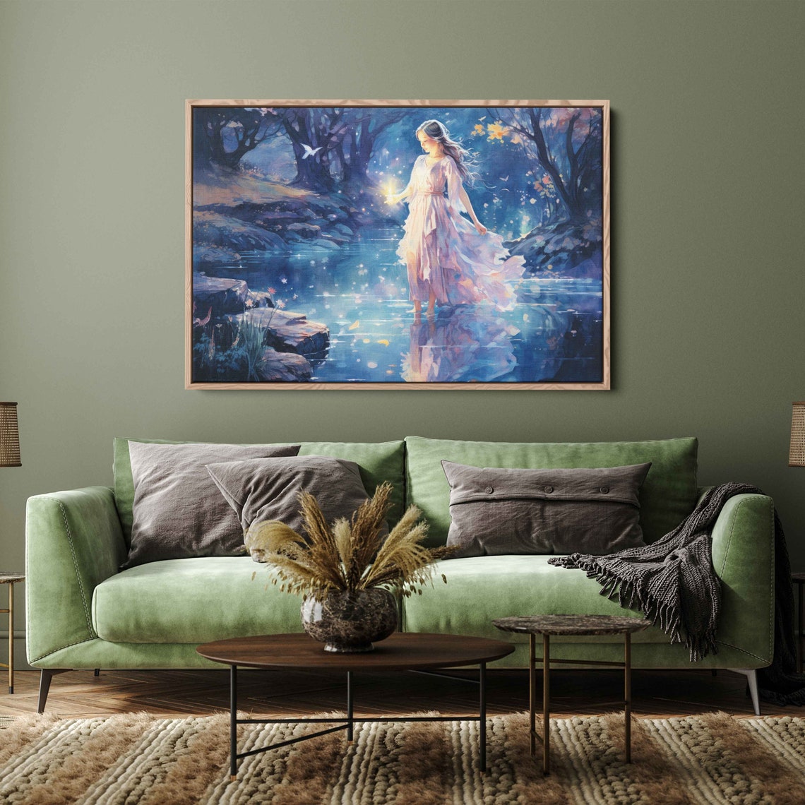 Moonlit Forest Stream Enchanted Woman Night Magic Fairytale Print - Image 3