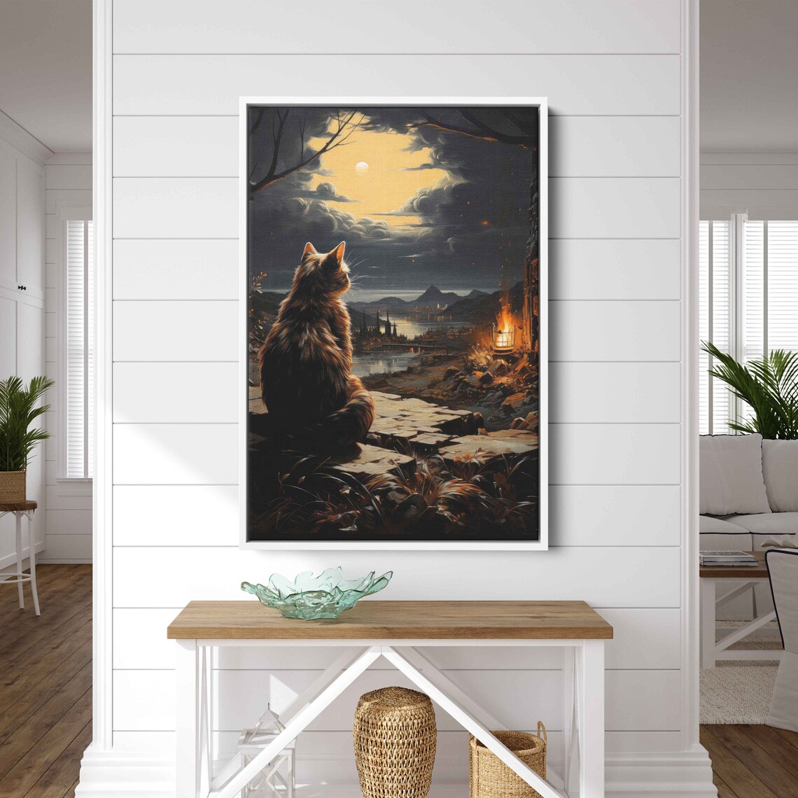 Long Haired Cat Gazing At Moonlit Coastal Town Night Painting Wall Art - Image 2