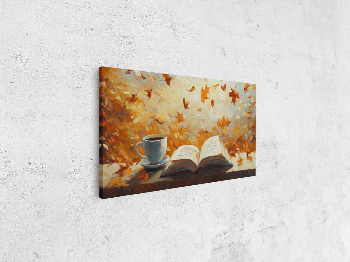 Open Book And Coffee Cup With Swirling Autumn Leaves Painting - Image 4
