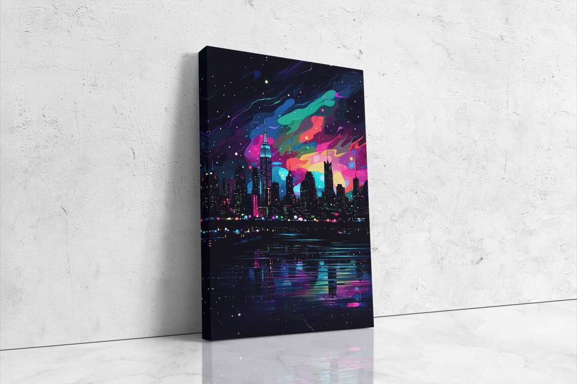 Neon Comic City Skyline Night River Lights Starry Art Poster - Image 4