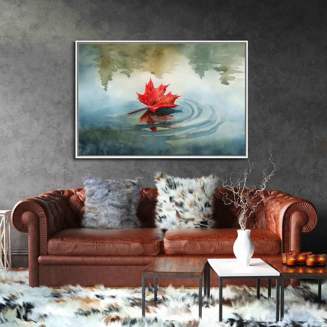 Red Maple Leaf Floating On Calm Pond With Ripples Watercolor Poster - Image 3