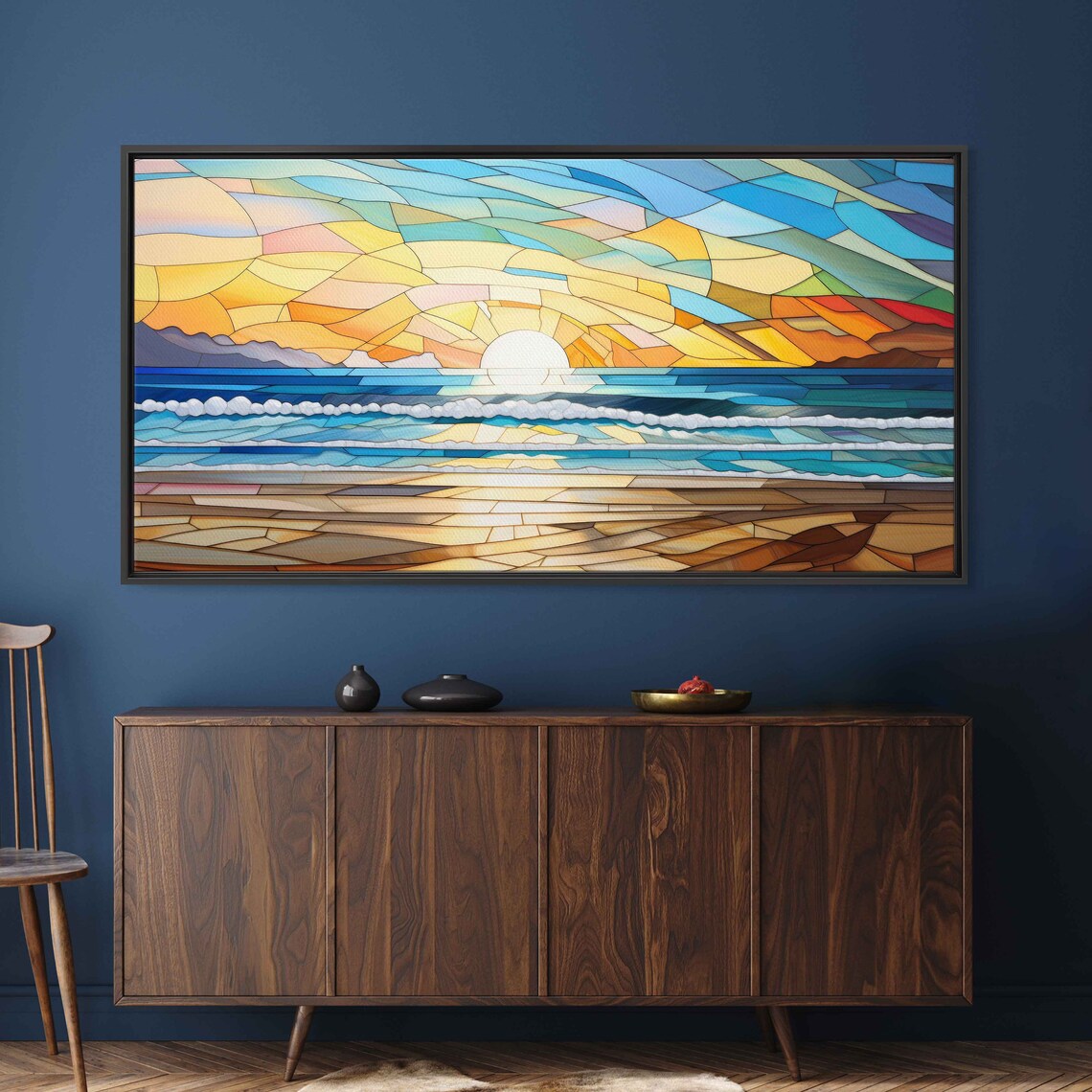 Mosaic Ocean Sunrise Stained Glass Waves Sandy Beach Art Poster - Image 2