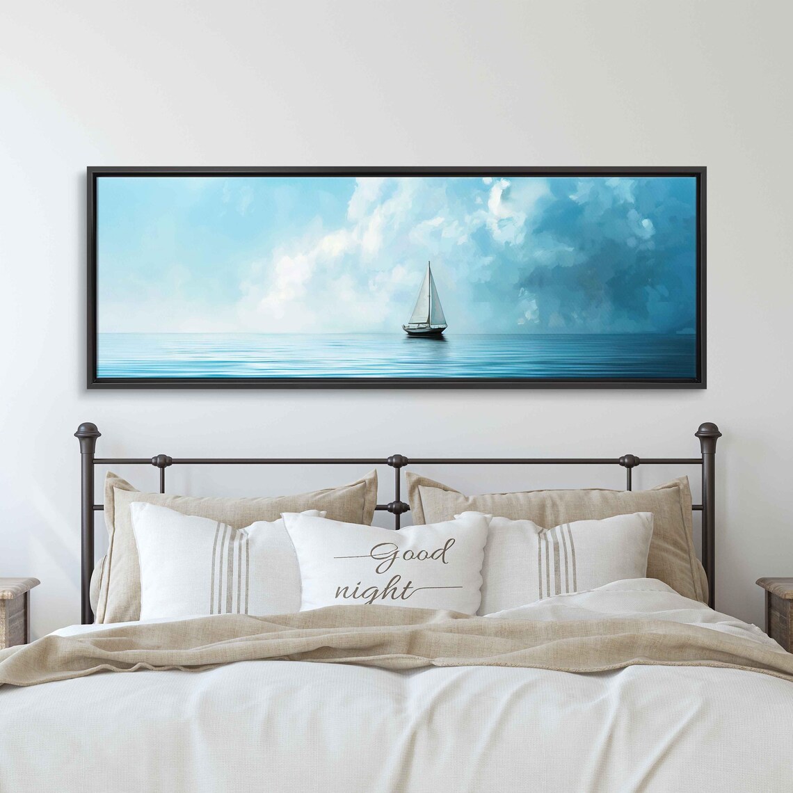 Small Sailboat Under Billowing Clouds Calm Turquoise Sea Poster