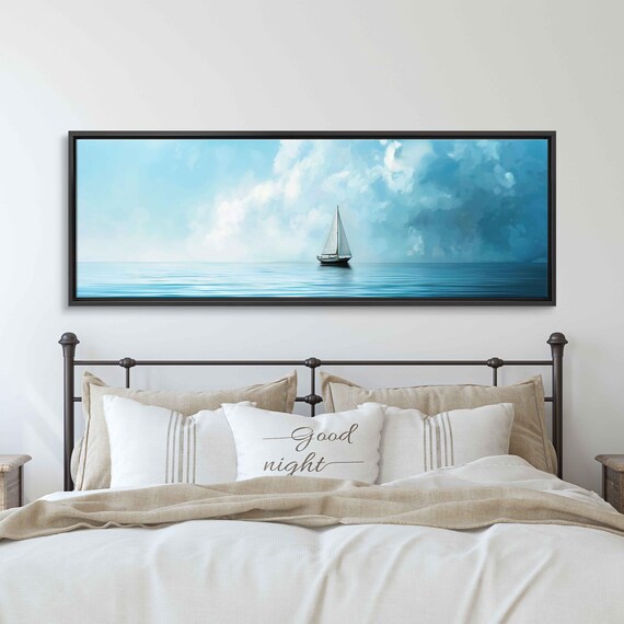 Small Sailboat Under Billowing Clouds Calm Turquoise Sea Poster