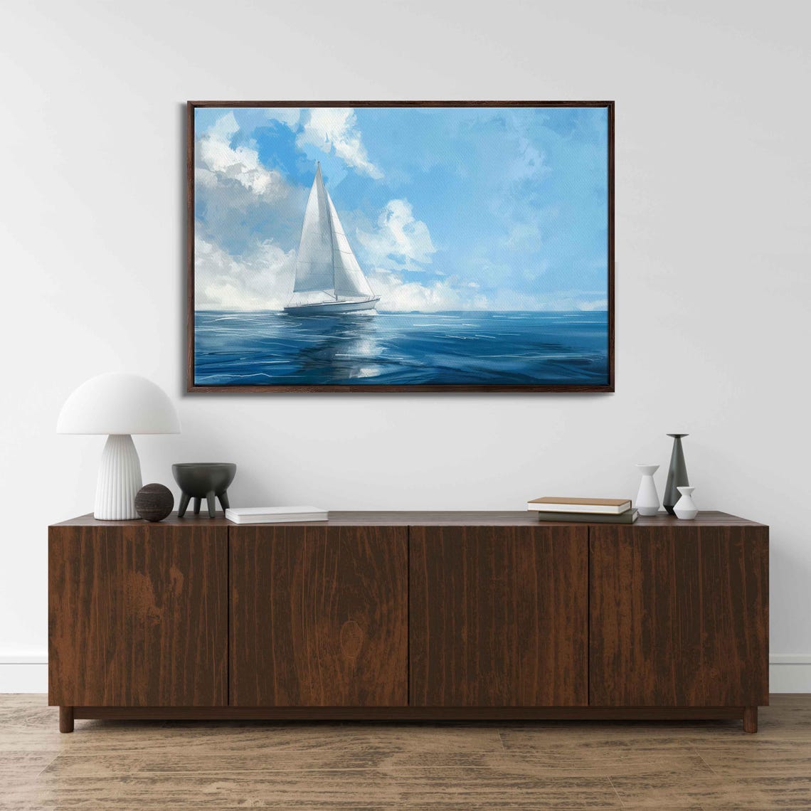 Sailboat With White Sails On Deep Blue Ocean Under Bright Sky Poster - Image 3