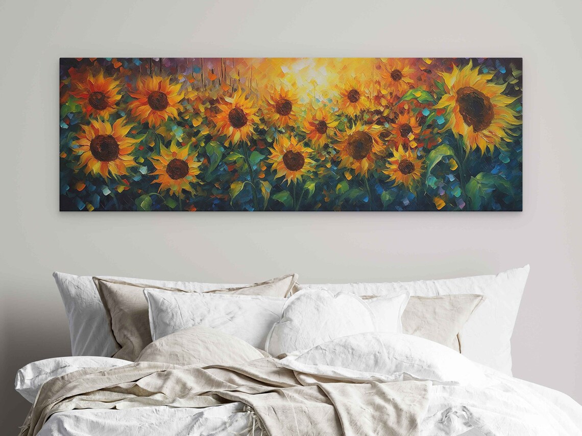 Sunflower Field At Sunset Panoramic Palette Knife Art Poster