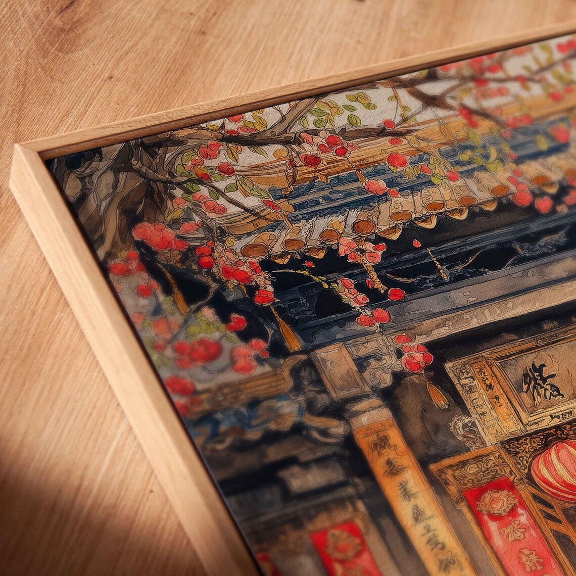 Traditional Chinese Temple Lantern Blossom Entrance Watercolor Poster - Image 2