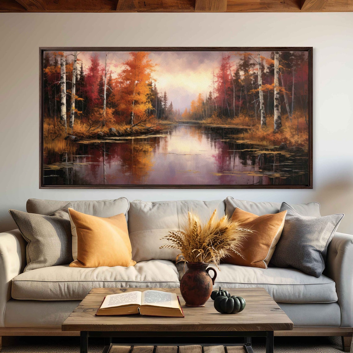 Birch Tree River Autumn Foliage Mirror Water Landscape Painting Poster
