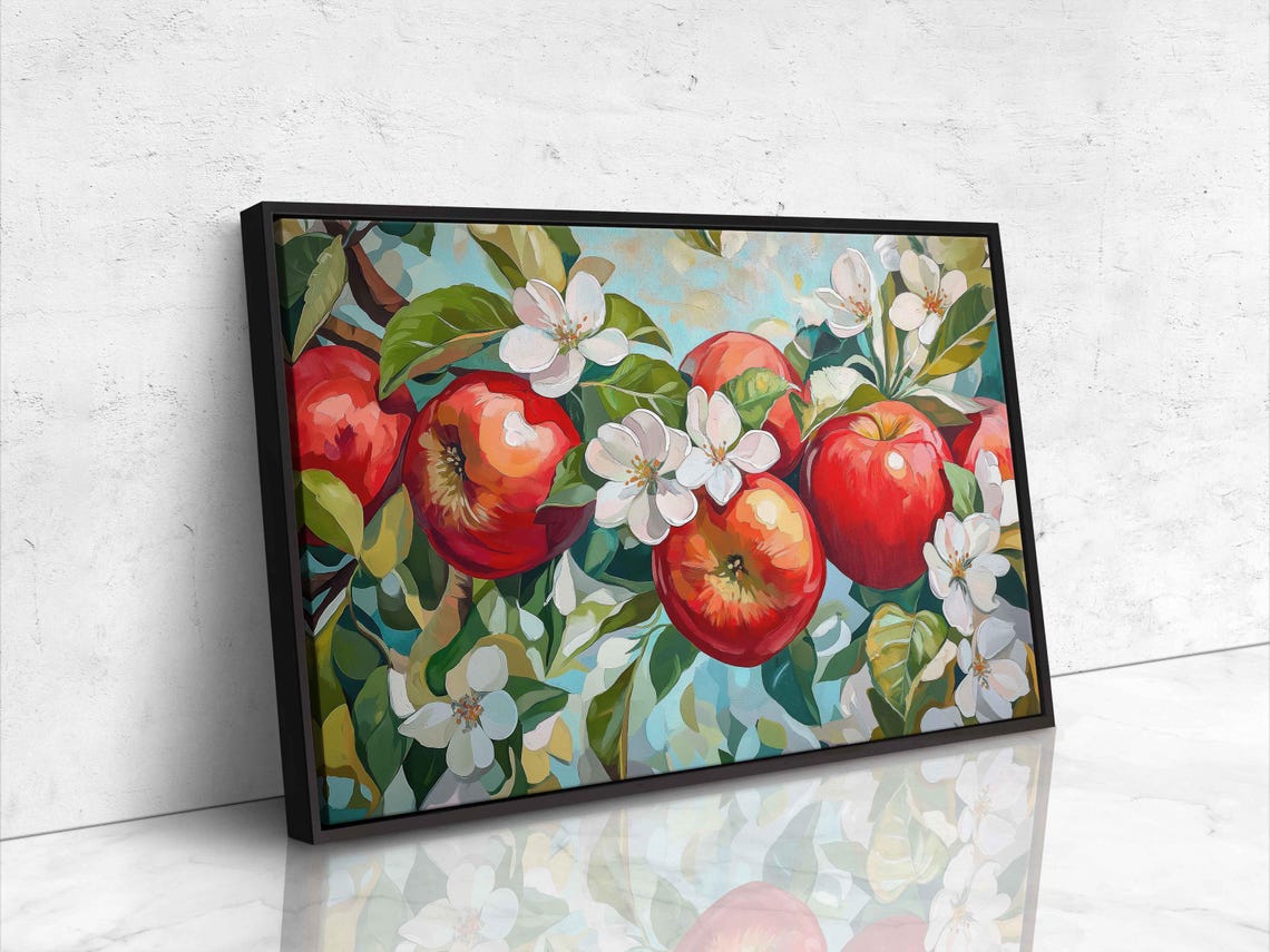 Ripe Red Apples White Apple Blossoms Green Orchard Art Print Poster - Image 4