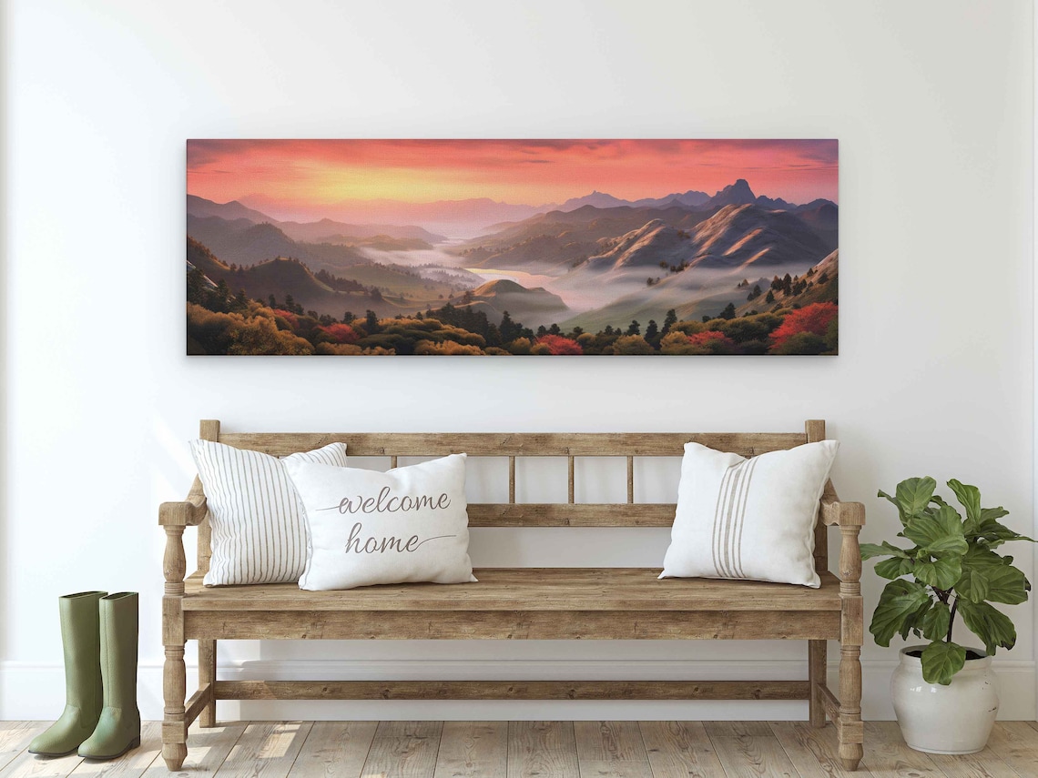 Panoramic Mountain Landscape Foggy Rolling Hills Sunset Sky Print On Ready To Hang - Image 3
