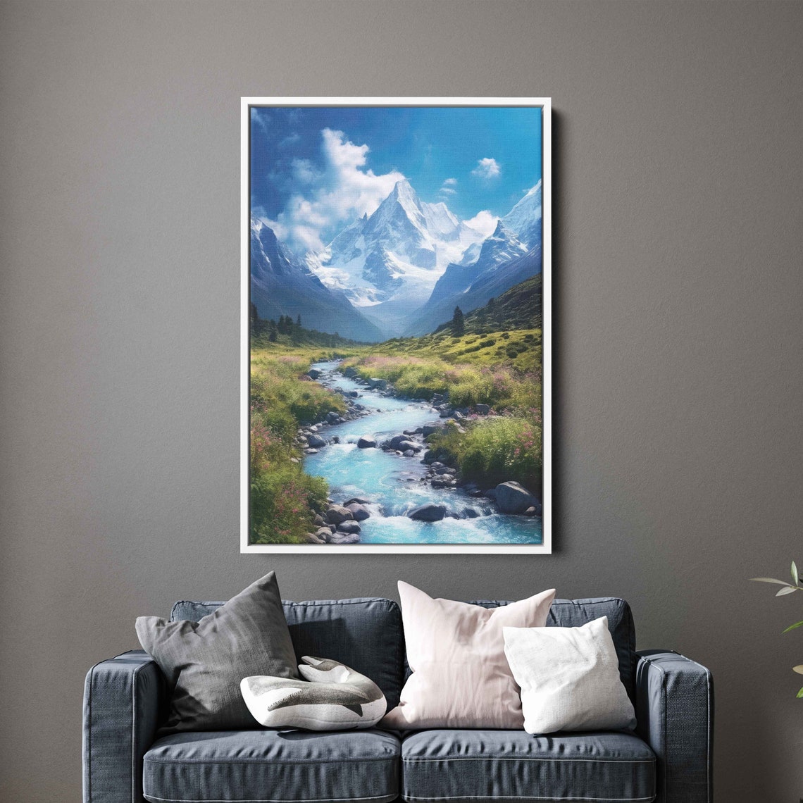 Snow Capped Peaks Winding River Green Valley Landscape Art Poster - Image 3