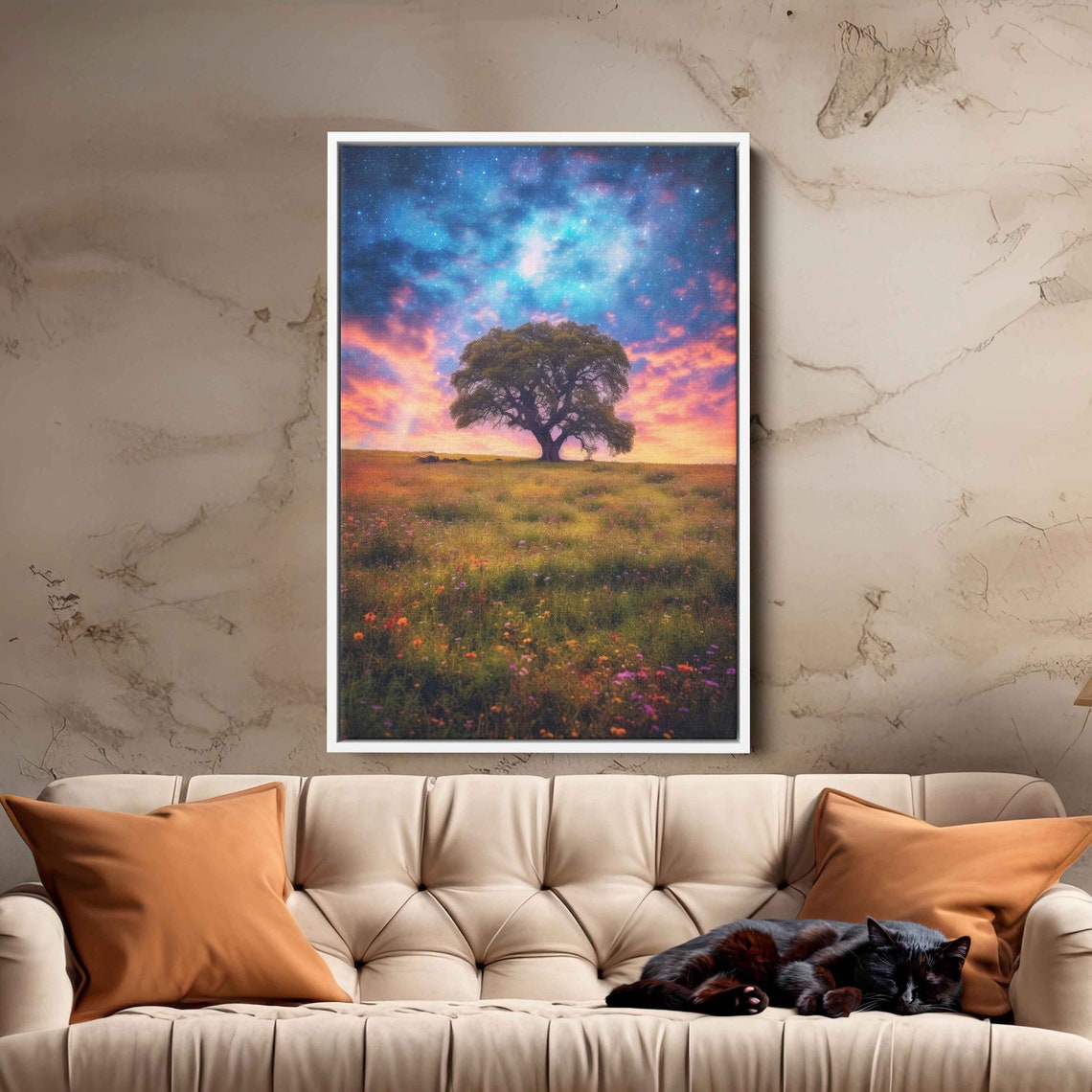 Lone Tree Wildflower Meadow Starry Galaxy Night Sky Nature Art Poster - Image 2