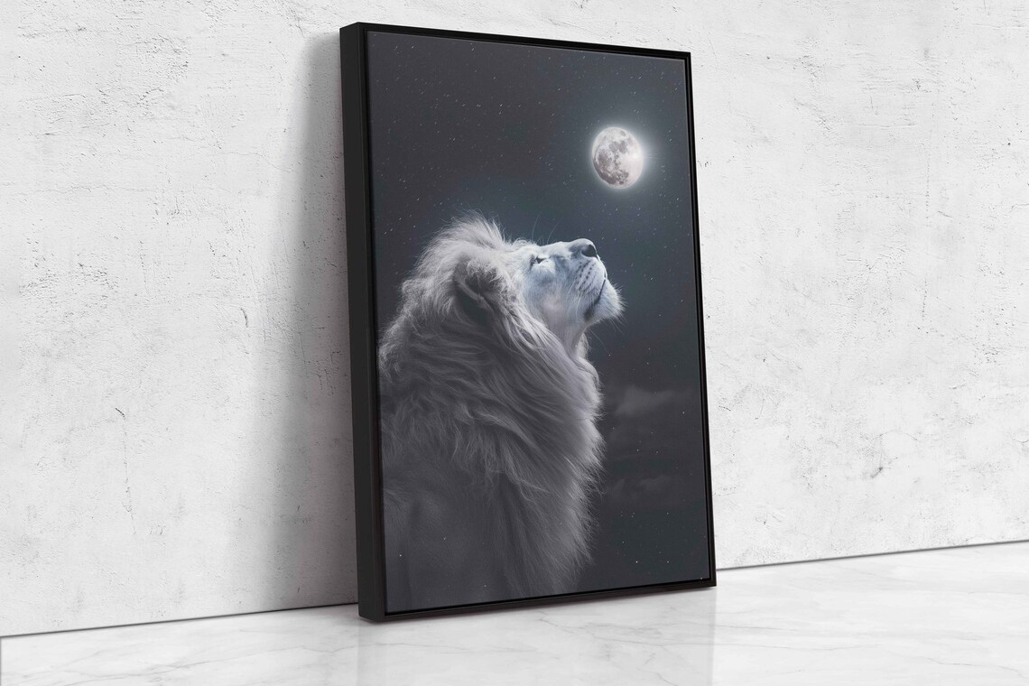 White Lion Gazing at Full Moon Starry Night Majestic Animal Wall Art Poster - Image 4