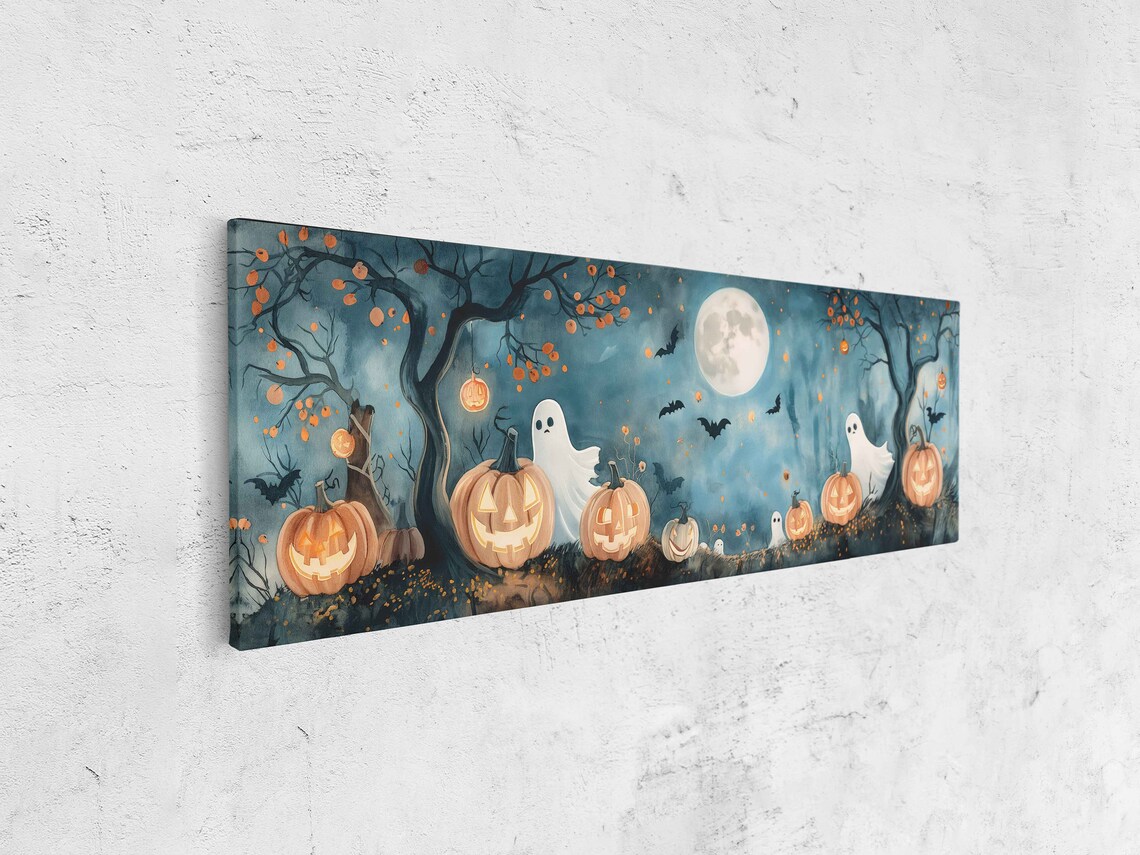 Whimsical Moonlit Pumpkin Patch With Cute Ghosts Jack O Lanterns And Bats Print - Image 4