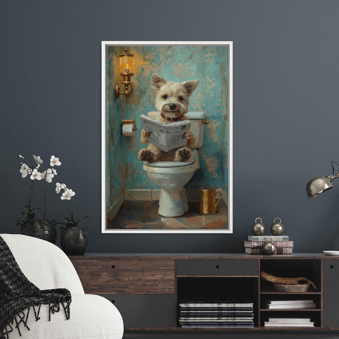 Scruffy Terrier Reading Newspaper On Toilet Cute Bathroom Poster