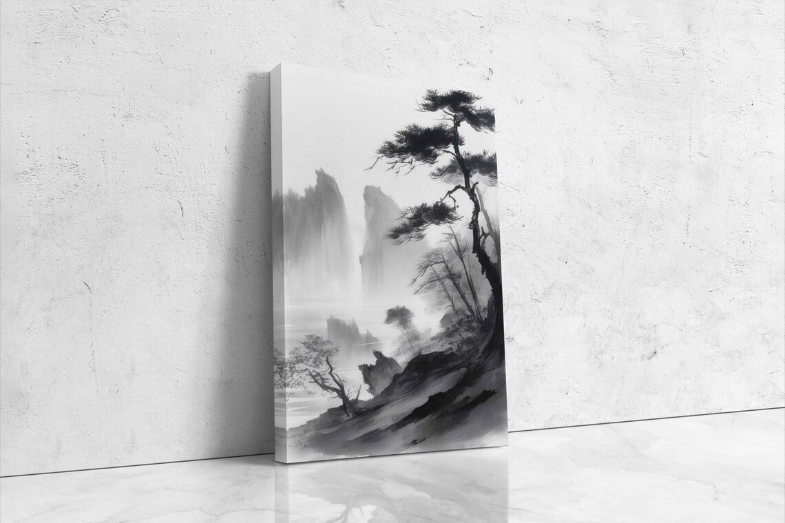 Chinese Ink Wash Misty Mountain Pine Trees Black Landscape Art Print - Image 4