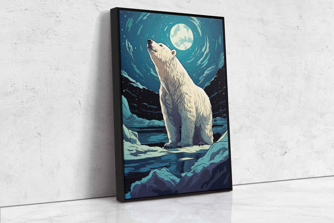 Polar Bear Gazing Full Moon Ice Floe Starry Night Vector Art Print - Image 4