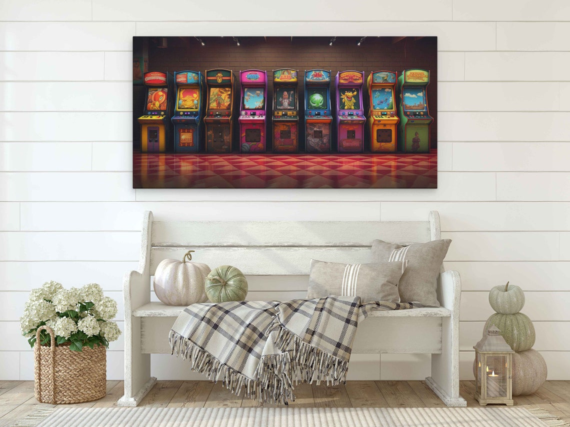 Retro Arcade Machines Row Panoramic Neon Game Room Wall Art Print - Image 2