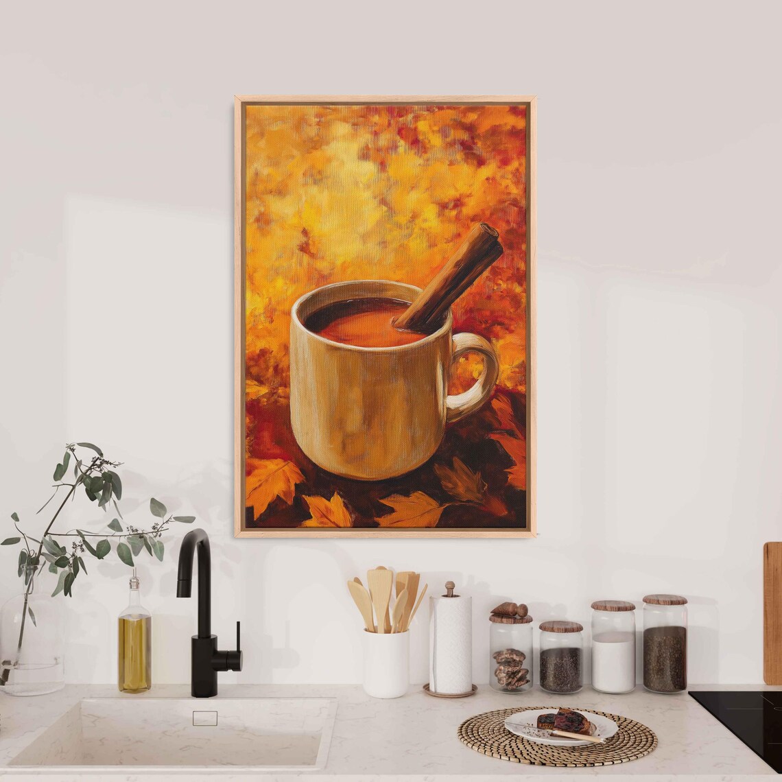 Hot Spiced Coffee Mug With Cinnamon Stick Against Fiery Autumn Leaves Art Poster - Image 3
