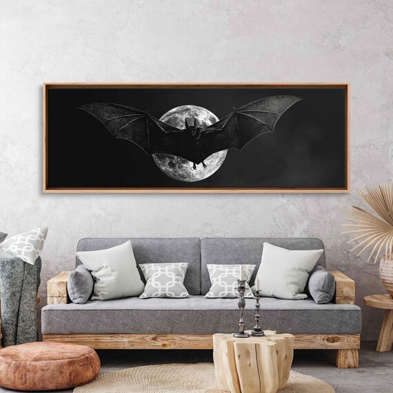 Black Bat Flying Over Full Moon Night Sky Halloween Art Print Poster