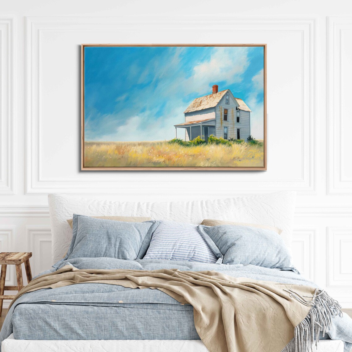 Old Farmhouse Golden Grassy Field Bright Blue Sky Minimal Painting