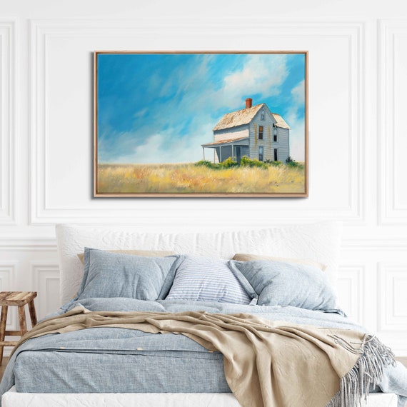 Old Lone Farmhouse In Grassy Field Wall Art Print Vintage Farm Decor Clear Skies Bright Colors Ready To Hang