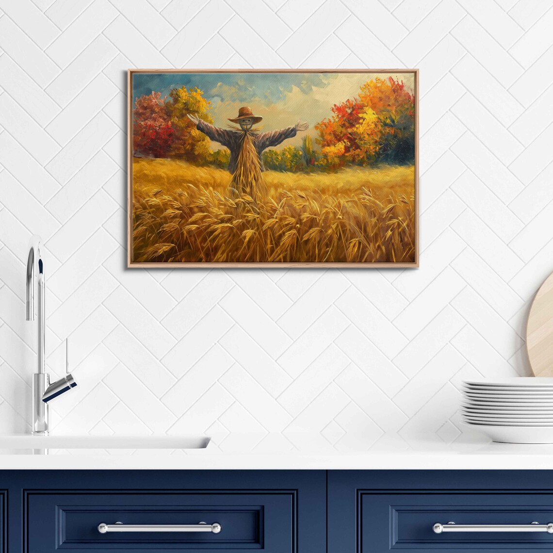 Scarecrow Standing In Golden Wheat Field Autumn Harvest Poster