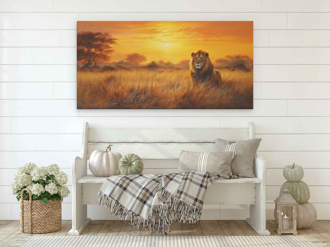 Lion In Africa Plains Sunset Landscape Art Print - Image 2