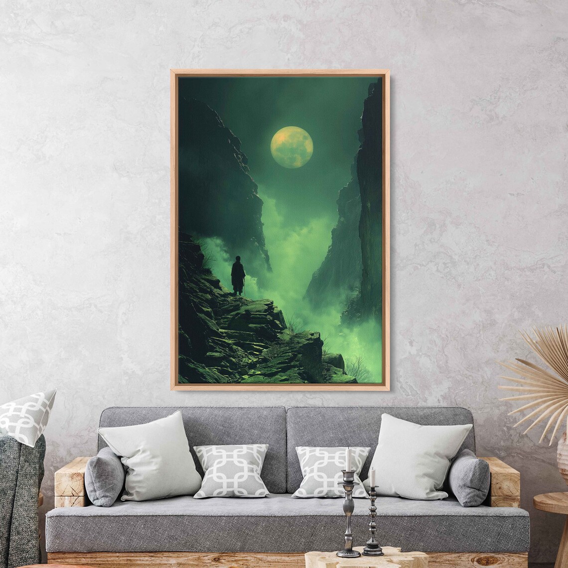 Monk Silhouette On Foggy Cliff Under Full Moon Mystic Art Poster - Image 2