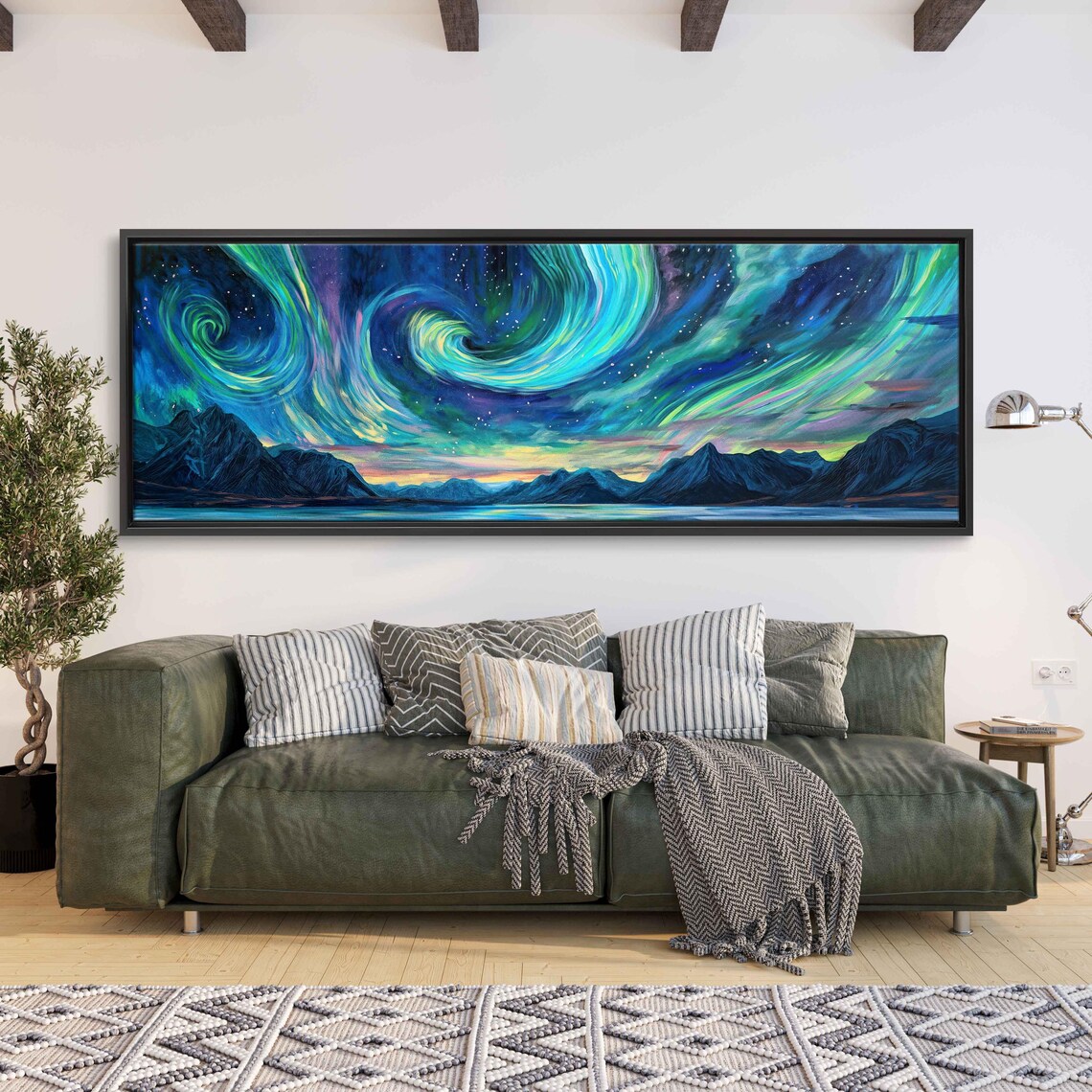 Teal Aurora Borealis Swirls Over Mountain Lake Pastel Horizon Wall Poster - Image 3