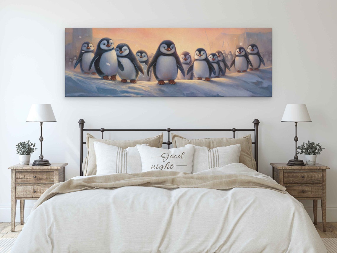 Cute Arctic Penguins Snowy Panoramic Landscape Painting Print On Ready To Hang Penguin Nursery Wall Art - Image 3