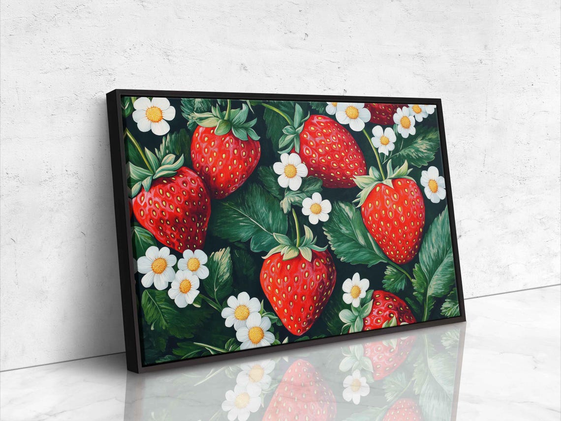 Bold Red Strawberries With Blossoms On Dark Background Painting - Image 4