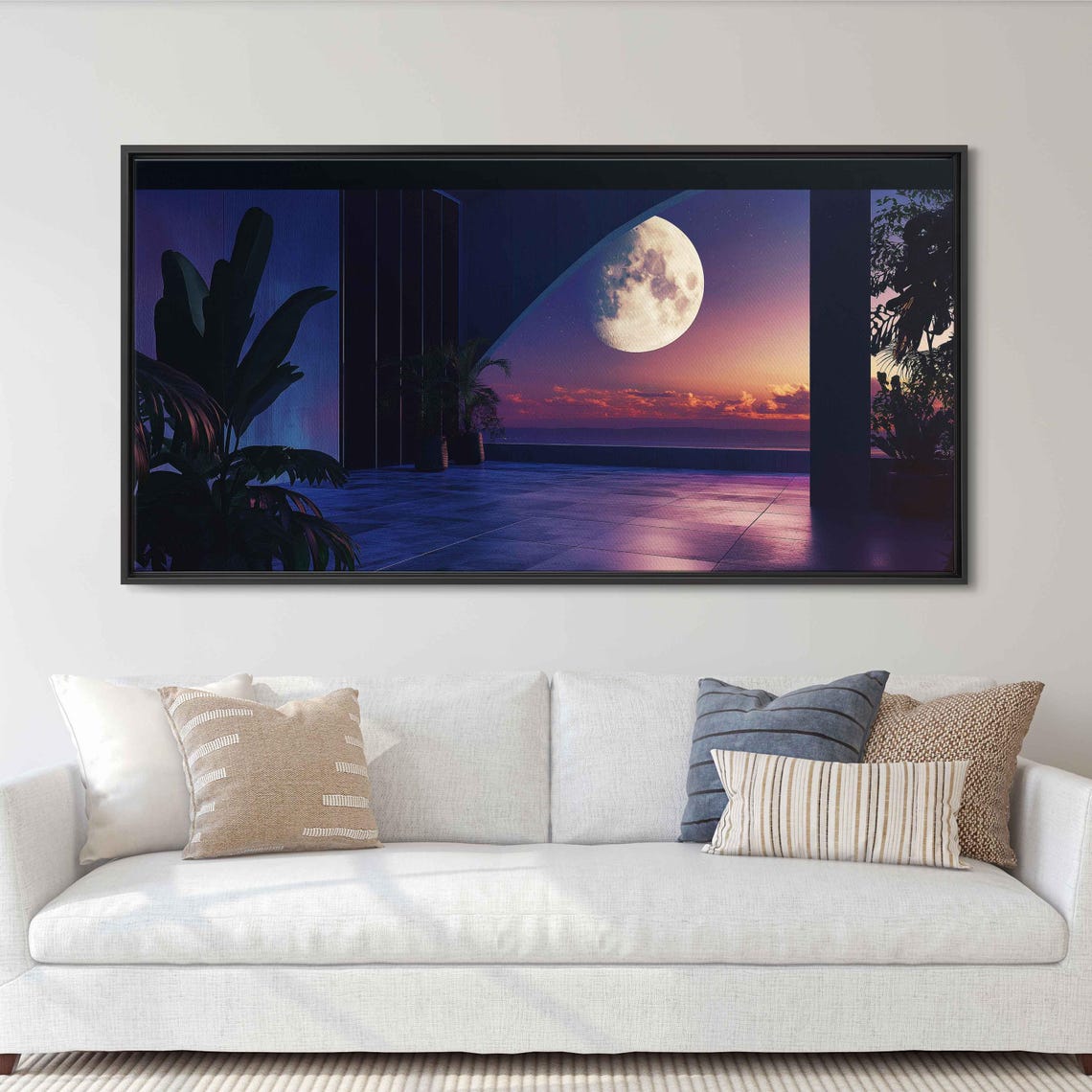 Tranquil Terrace At Twilight Wall Art Print Moonlit View Geometric Shapes Emotion Foliage